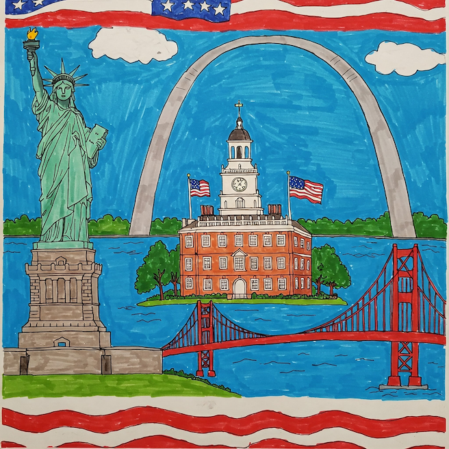 Patriotic illustration with landmarks like Statue of Liberty and Independence Hall