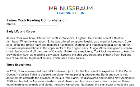 Printable Reading Comprehension Example