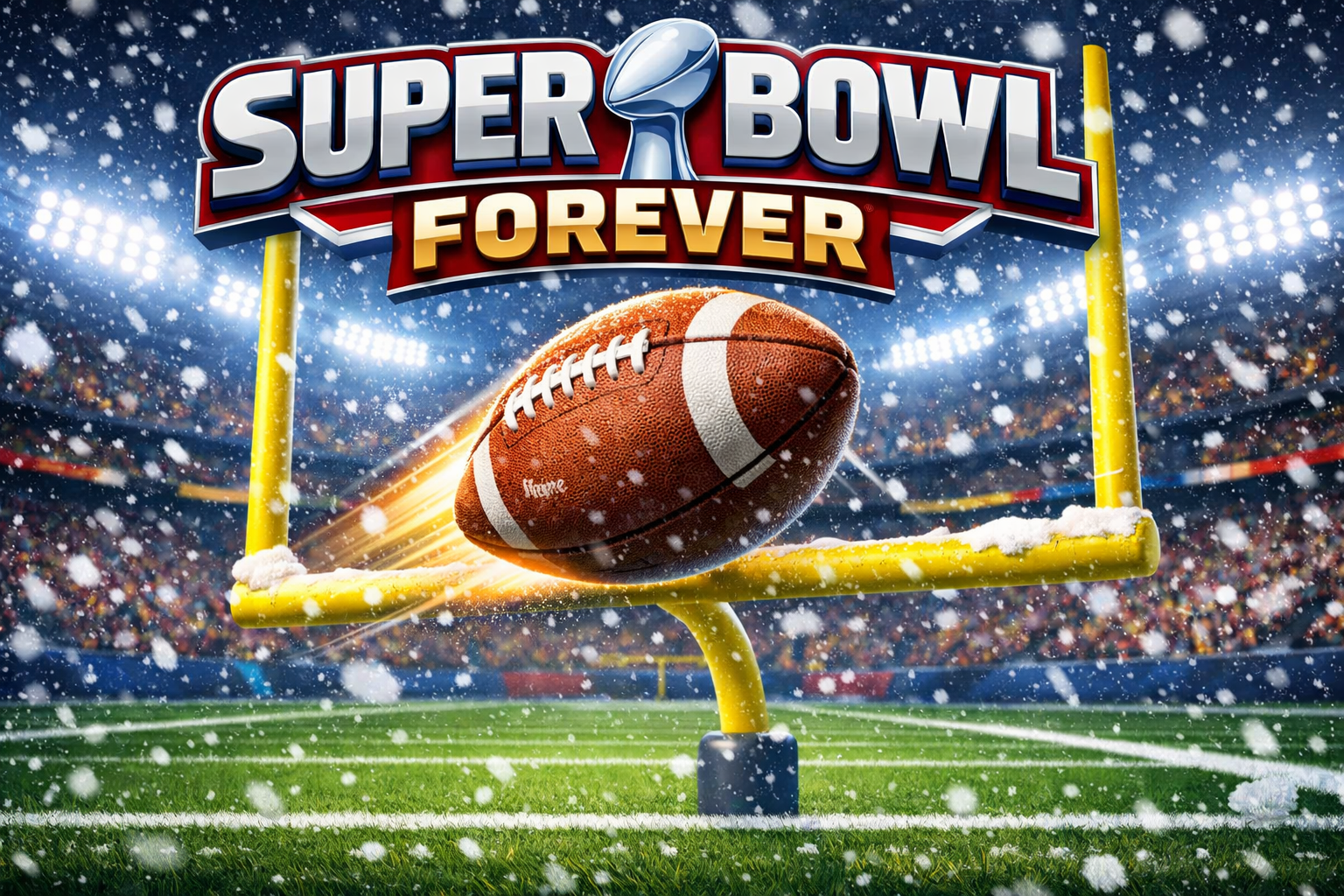 Super Bowl Forever title image with a football and goalpost in a snowy stadium